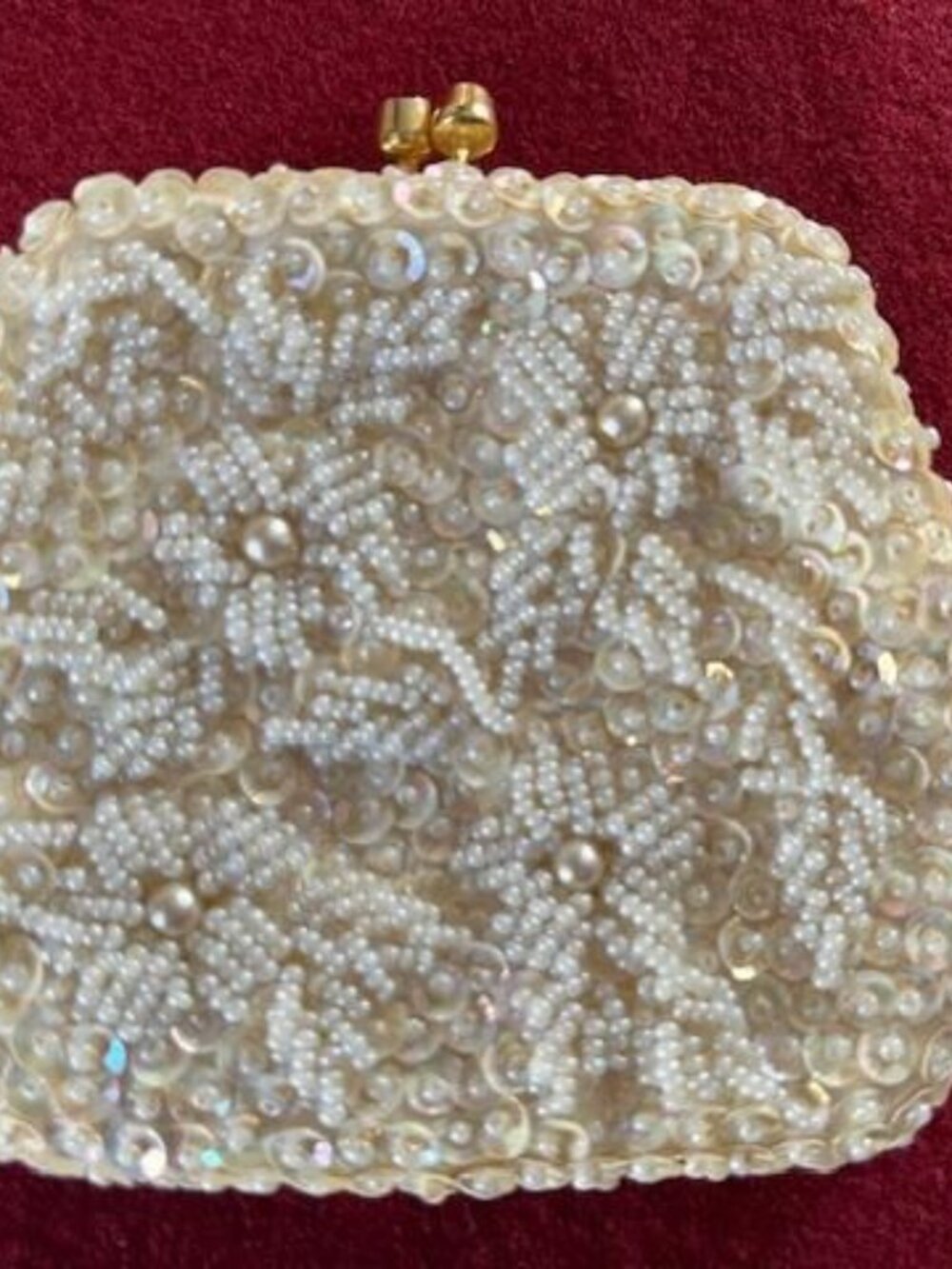 Cream Sequin Bead Change Coin Purse Handmade Hong Kong w/Red Stone Snap/Vintage - Picture 2 of 5